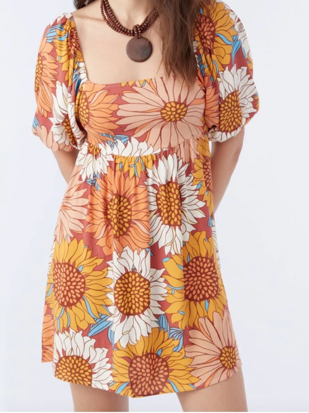O’Neill Sunflower Print Short Dress in Rust and Yellow